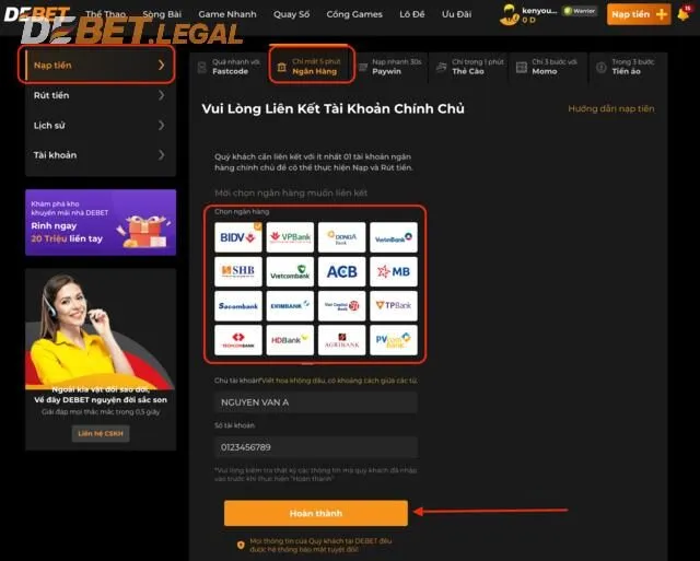 Hướng dẫn nạp rút Debet cụ thể từ A - Z 1 Giao diện nạp nhà cái Debet qua thẻ ngân hàng